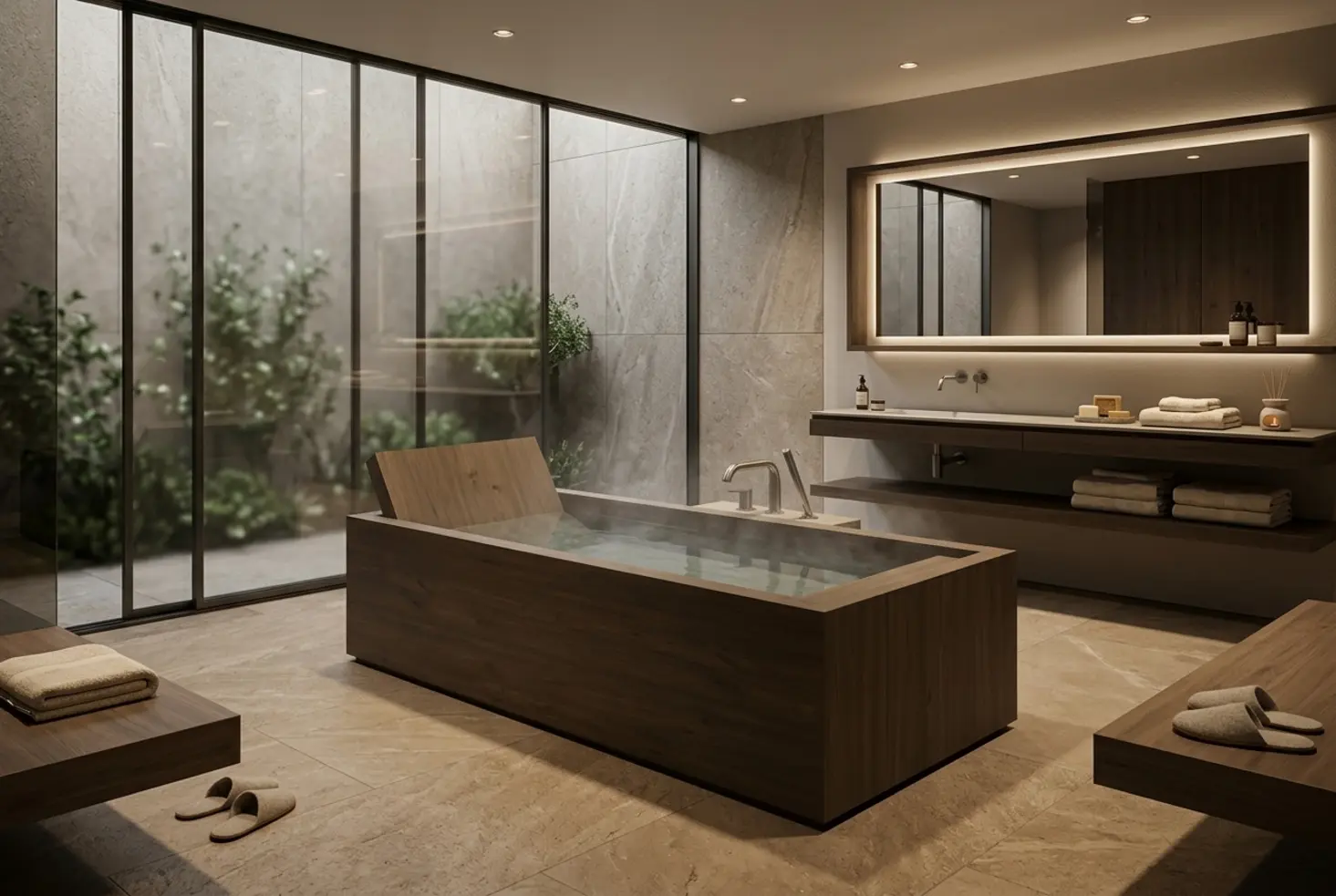 Baño amplio de estilo spa con reforma de alta gama