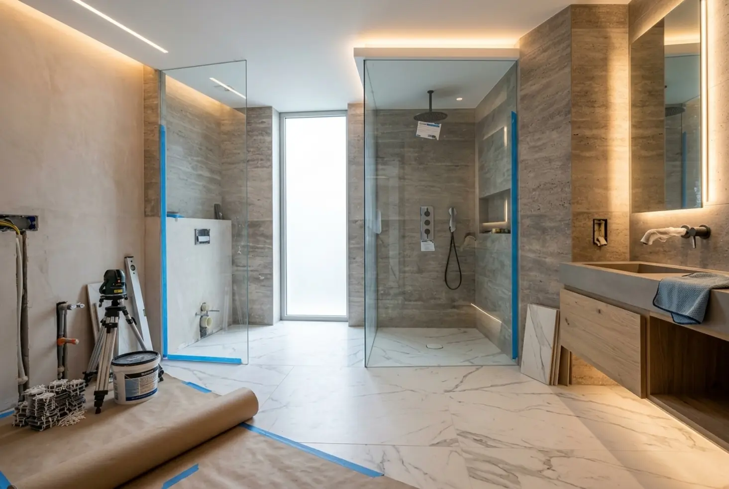 Baño contemporáneo con materiales premium y diseño profesional