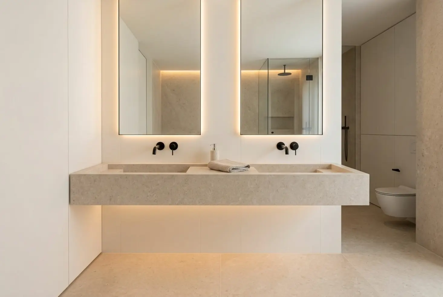 Doble lavabo de acabado premium en un baño sofisticado y atemporal