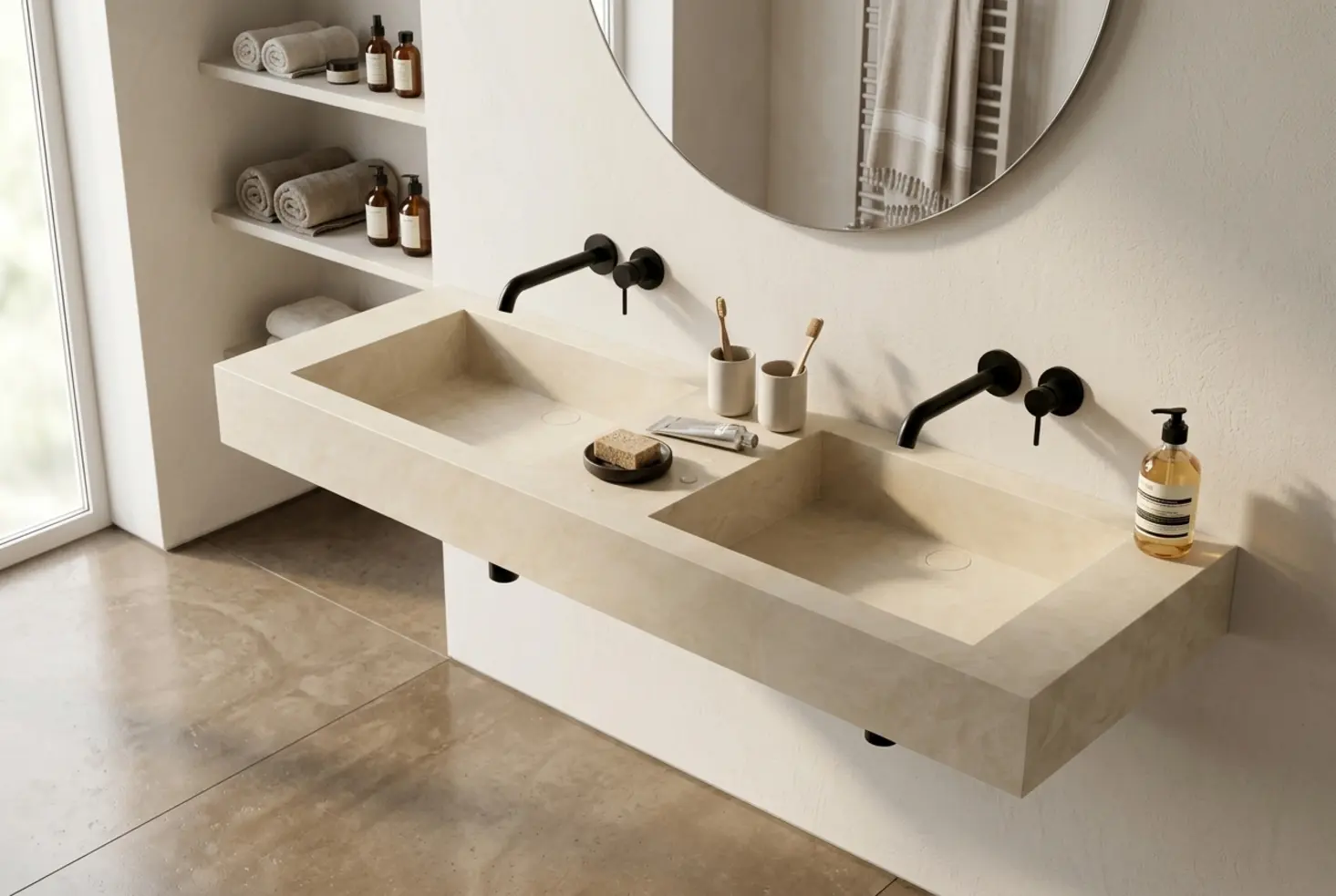 Doble lavabo en un baño compartido con diseño funcional y resistente