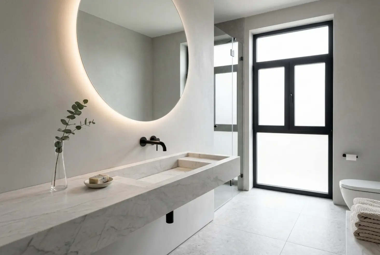 Cuarto de baño de lujo con doble lavabo de mármol integrado y diseño minimalista