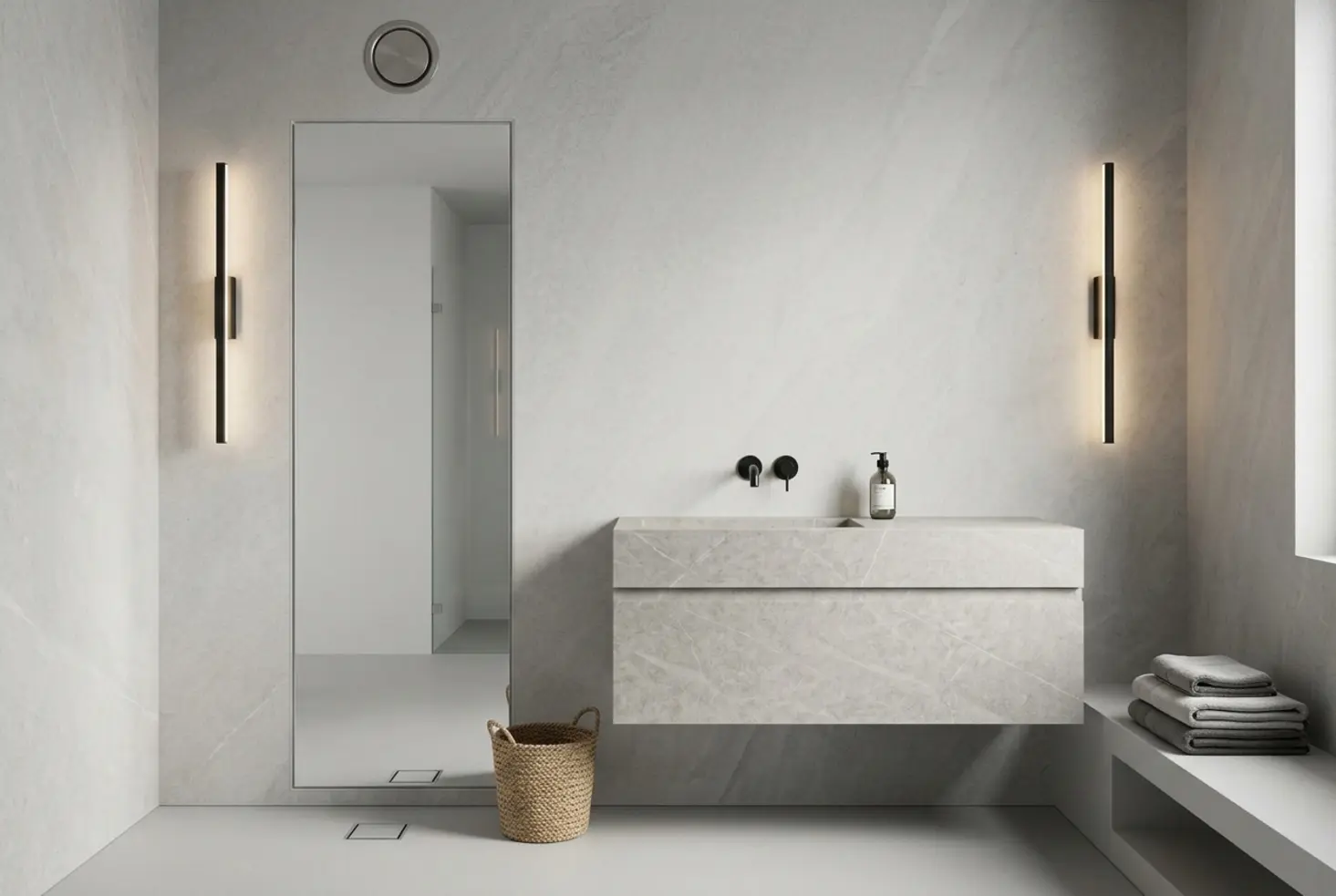 Espejo de cuerpo entero en baño contemporáneo con iluminación lateral