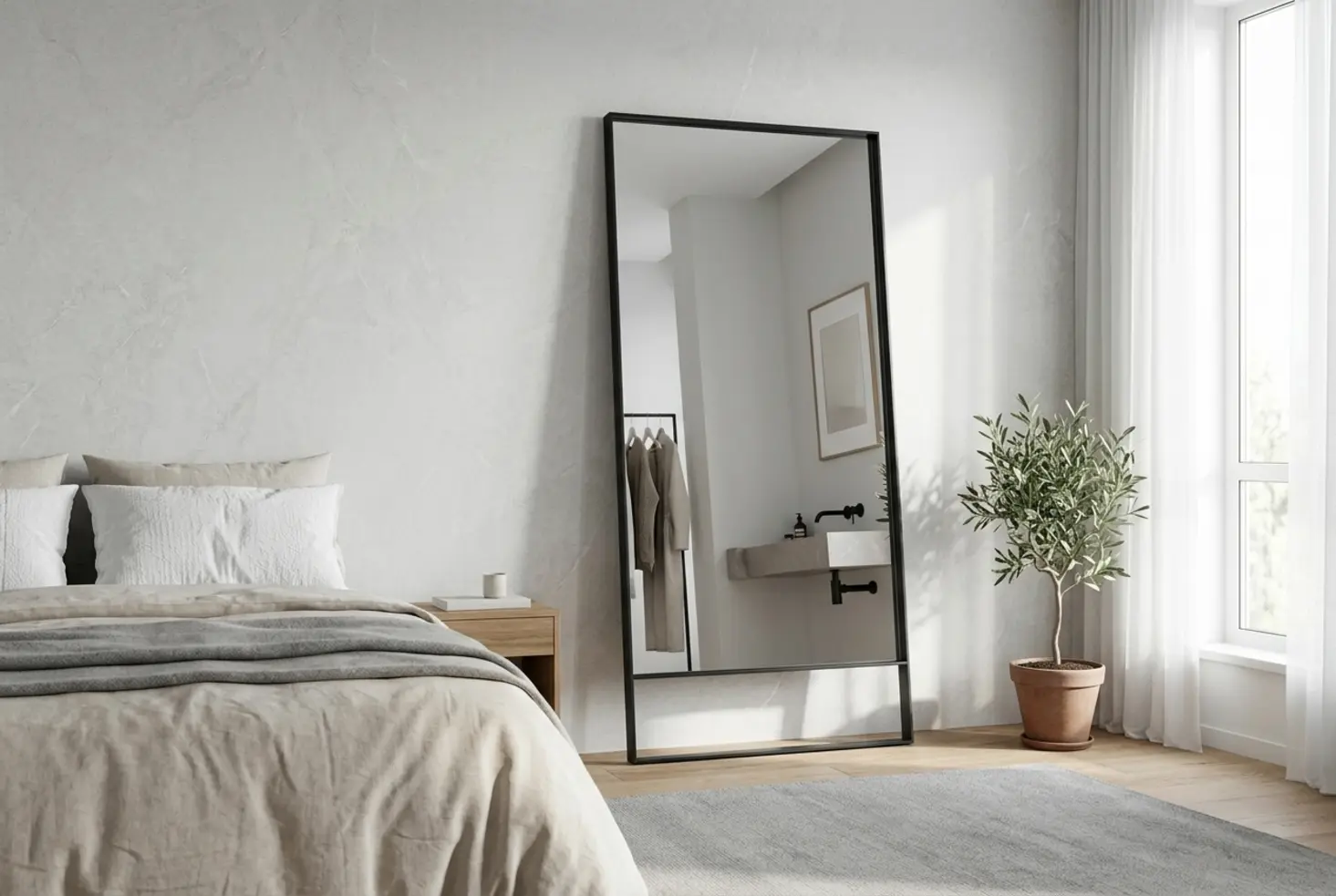 Espejo de cuerpo entero de diseño moderno con marco negro apoyado en pared de dormitorio