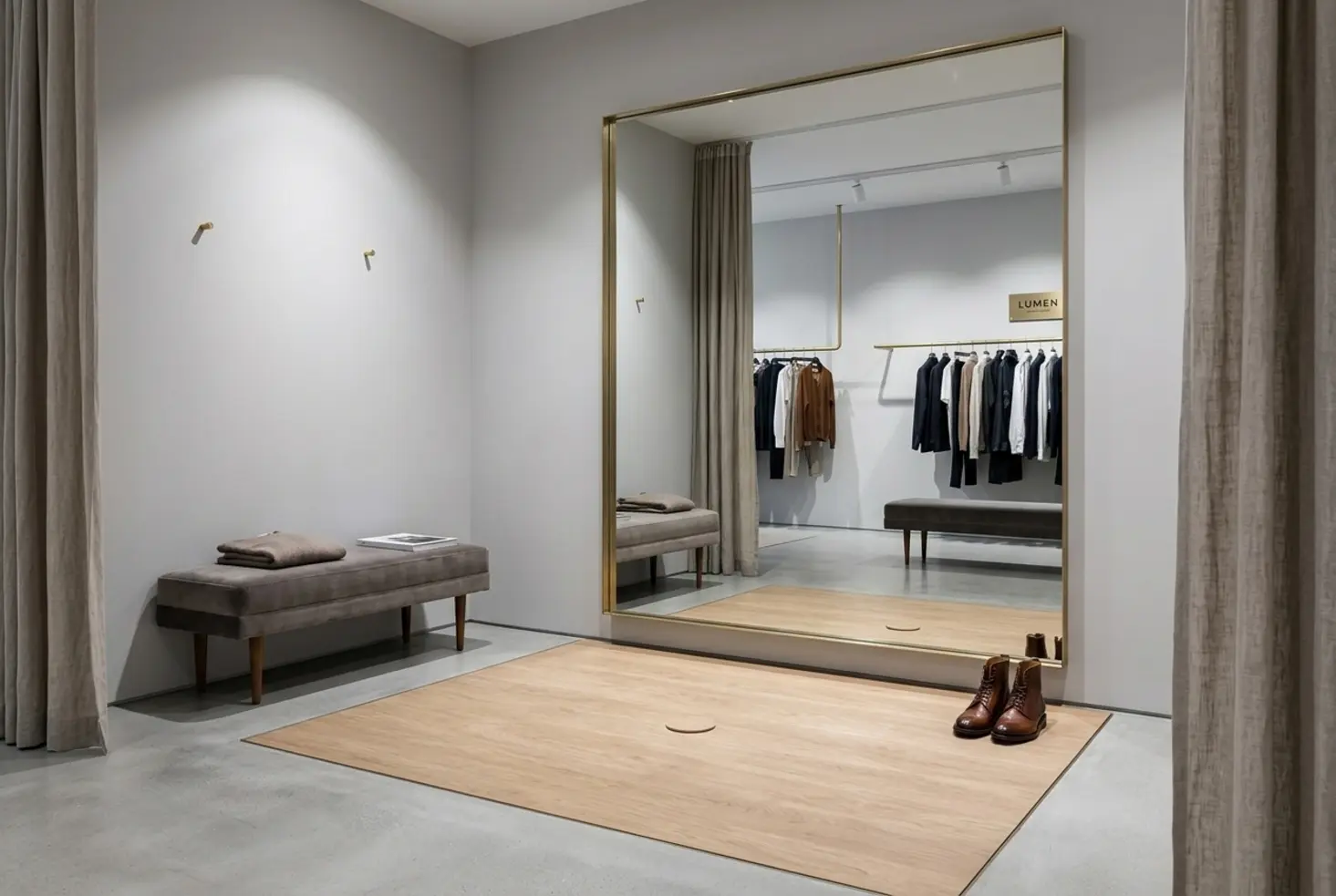 Espejo de cuerpo entero en vestidor o tienda con iluminación uniforme