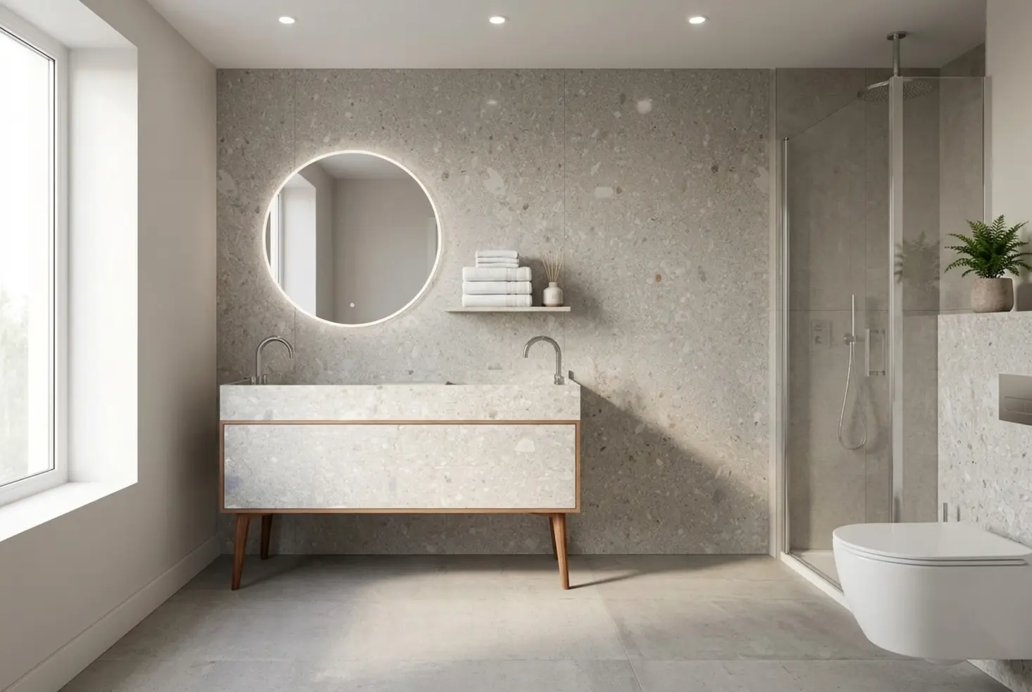 Mueble de baño con patas en un espacio bien medido y organizado