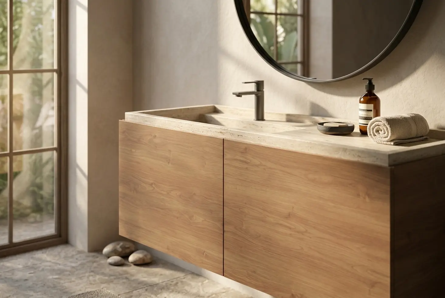 Detalle de mueble de baño de madera de alta calidad con cajones de cierre suave