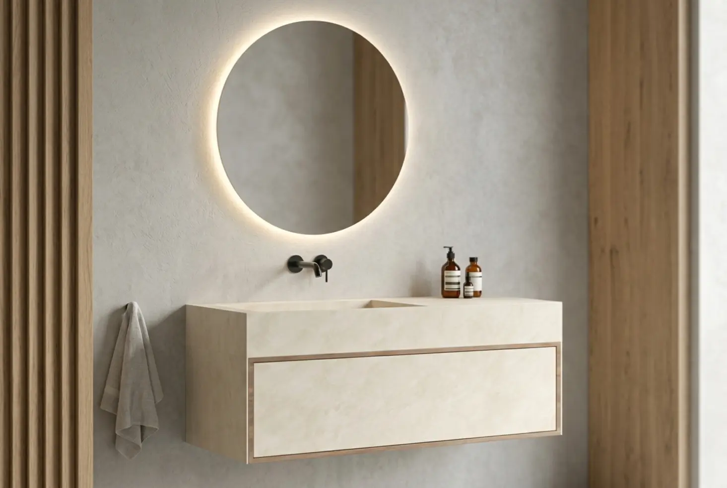 Lavabo con mueble flotante en tonos piedra y madera con espejo redondo retroiluminado