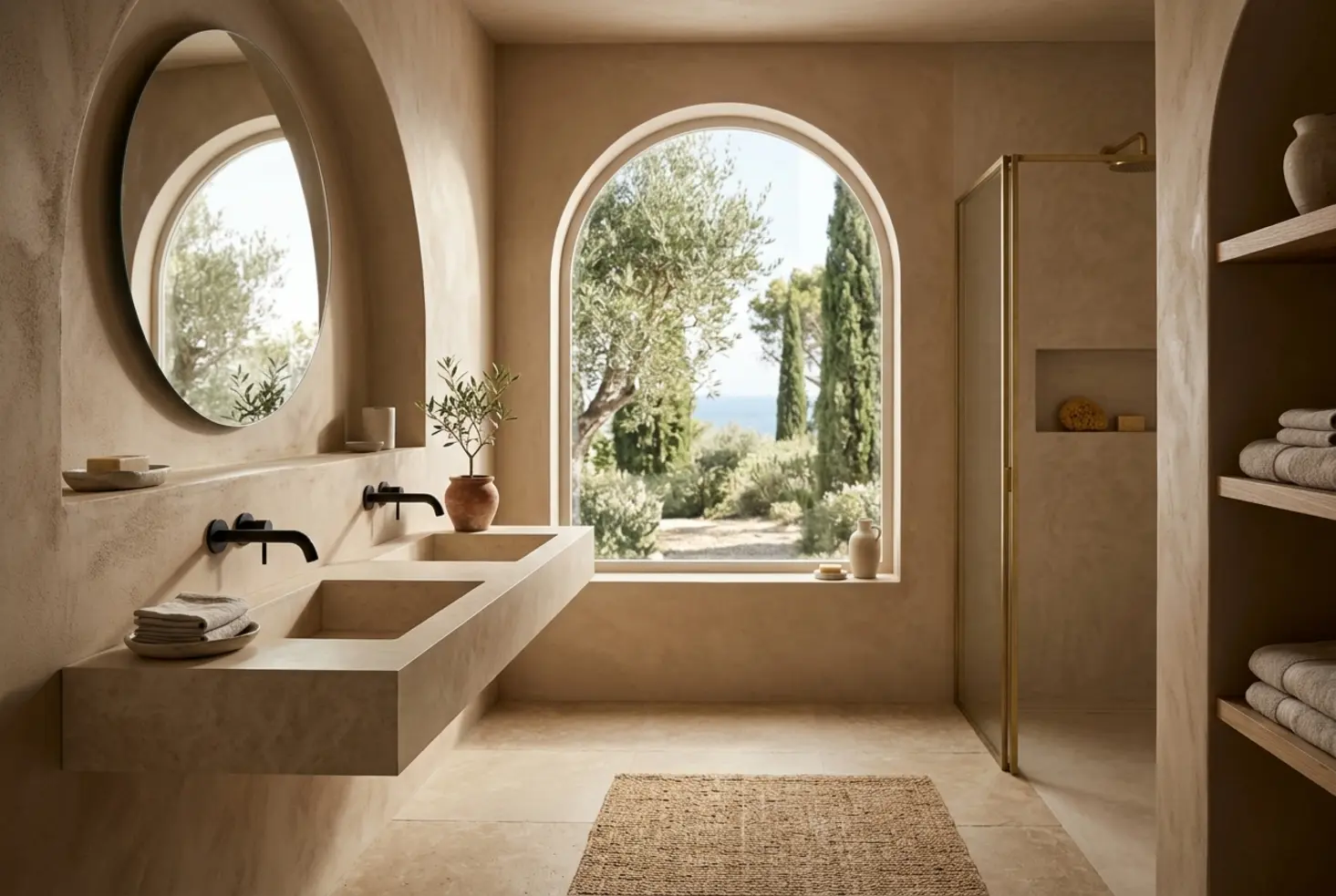 Lavabo de piedra en un baño cálido y natural