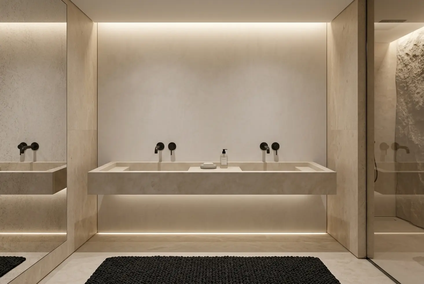 Lavabo de piedra en un baño minimalista de diseño