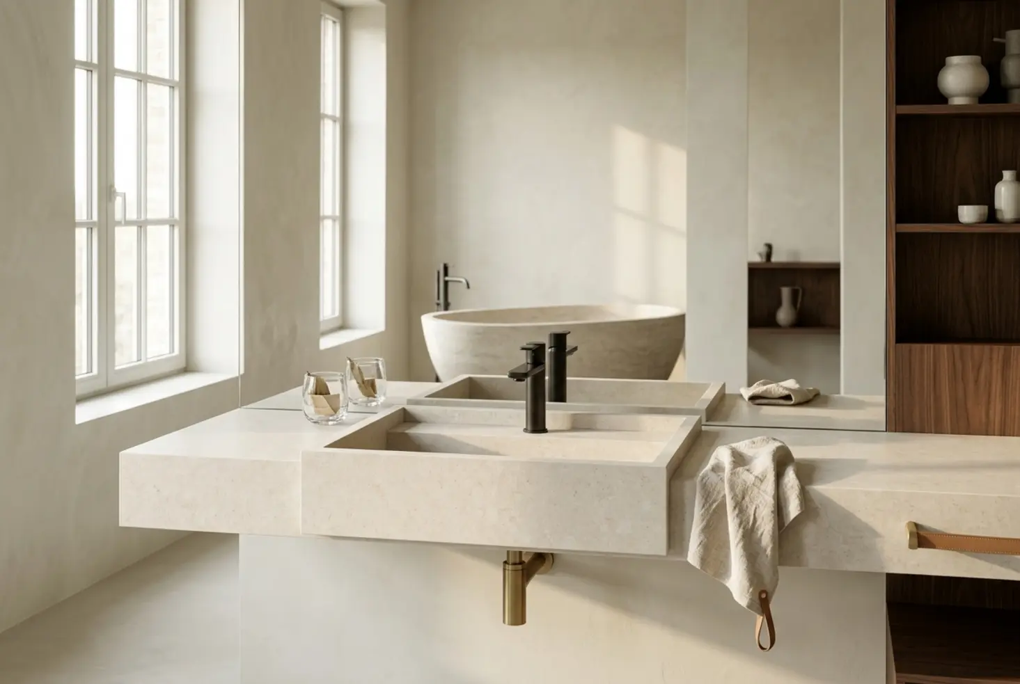 Lavabo de piedra de diseño moderno con acabado mate en baño minimalista de lujo