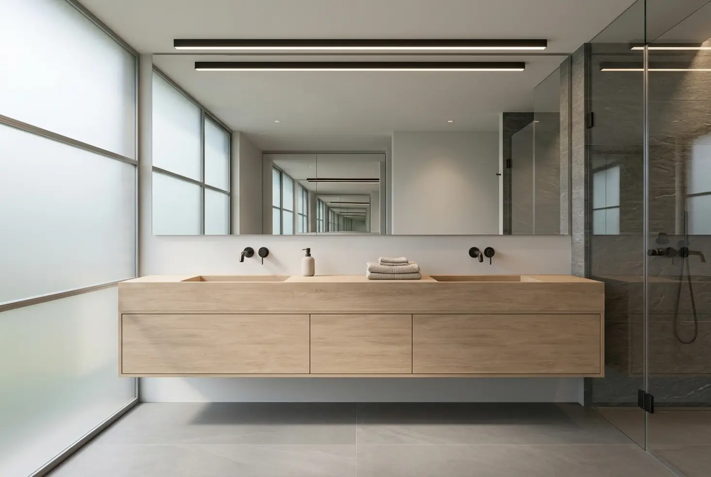 Baño de diseño premium con solución continua y elegante