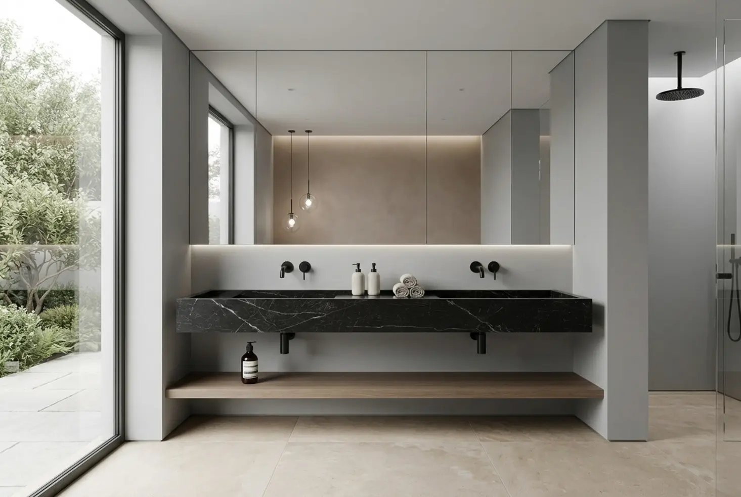 Lavabo doble de diseño moderno con encimera de piedra negra y estante de madera en baño minimalista