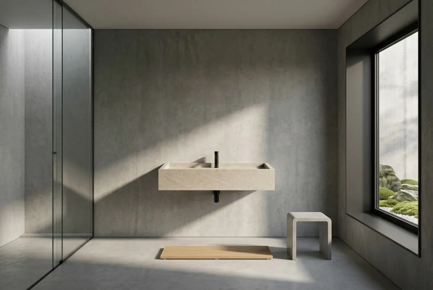 Baño minimalista con lavabo suspendido y luz natural