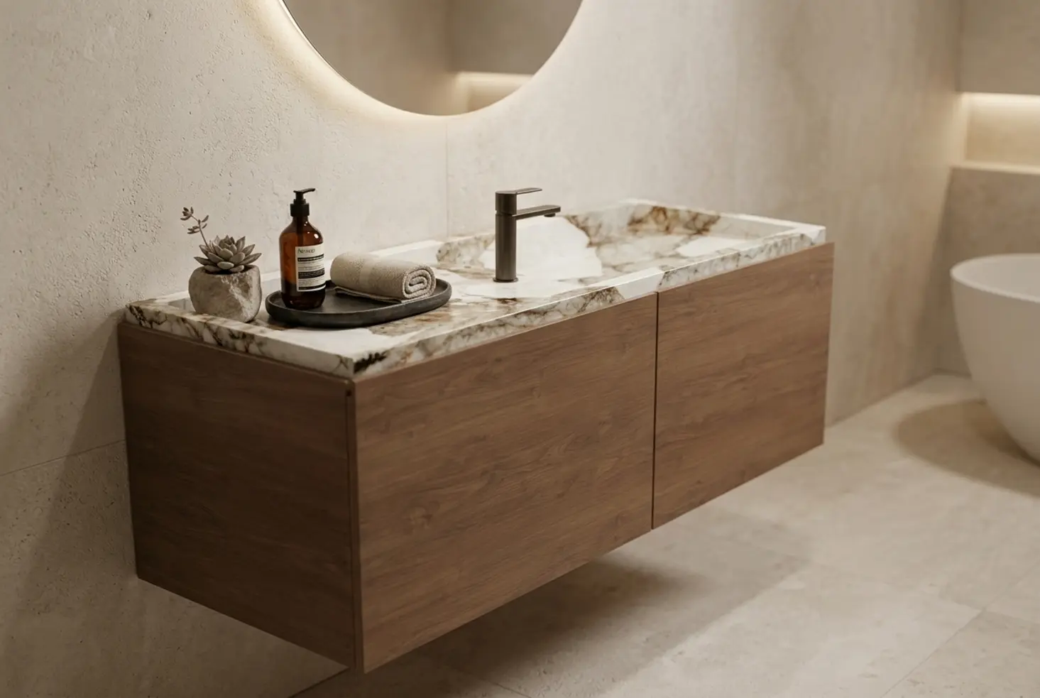 Elegante lavabo de piedra natural integrado en mueble de baño suspendido con acabados en madera
