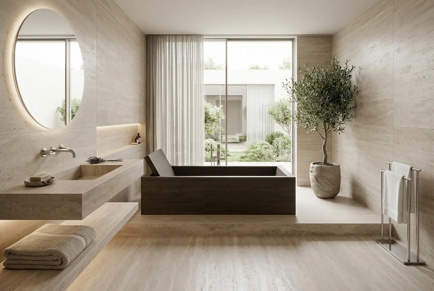 Baño amplio y sofisticado con estética relajante y contemporánea