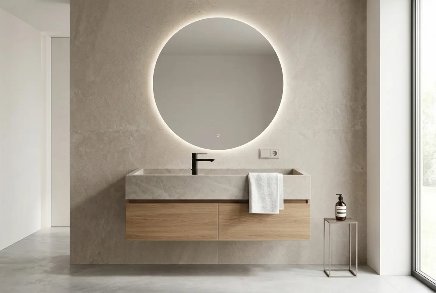 Encimera lavabo minimalista de piedra natural con mueble suspendido de madera en baño moderno