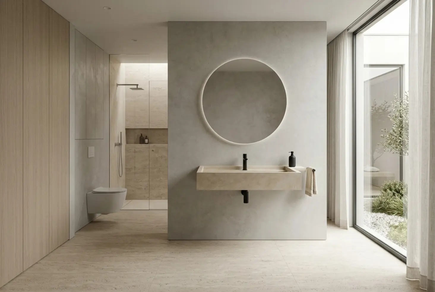 Encimera de baño de aspecto limpio y fácil mantenimiento en un baño minimalista