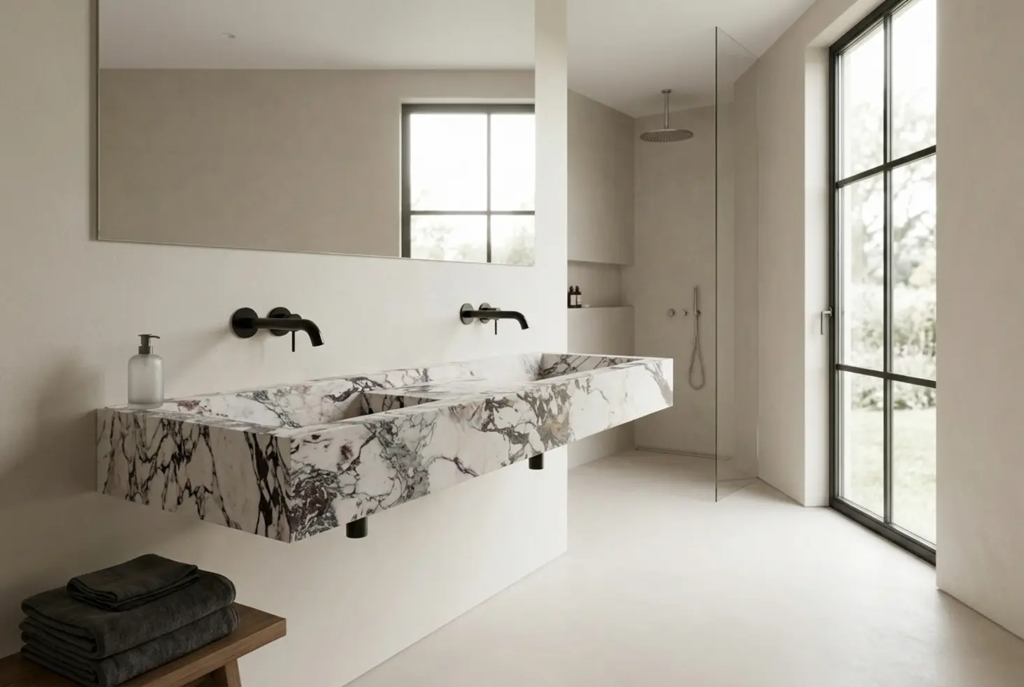 Lavabo de diseño en mármol veteado con grifería negra ideal para comprar
