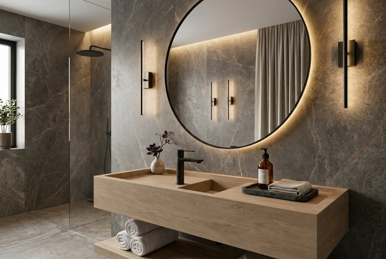 Baño de diseño con lavabo protagonista apoyado sobre la encimera