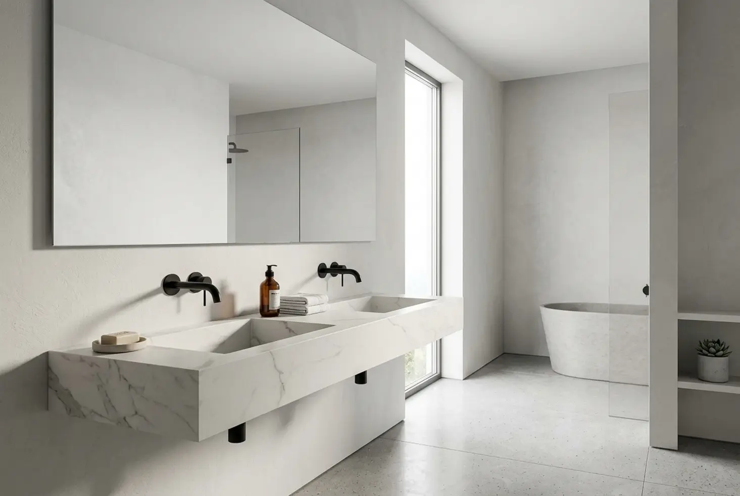 Lavabo pequeño de diseño minimalista con doble seno de mármol blanco y grifería negra en un baño moderno