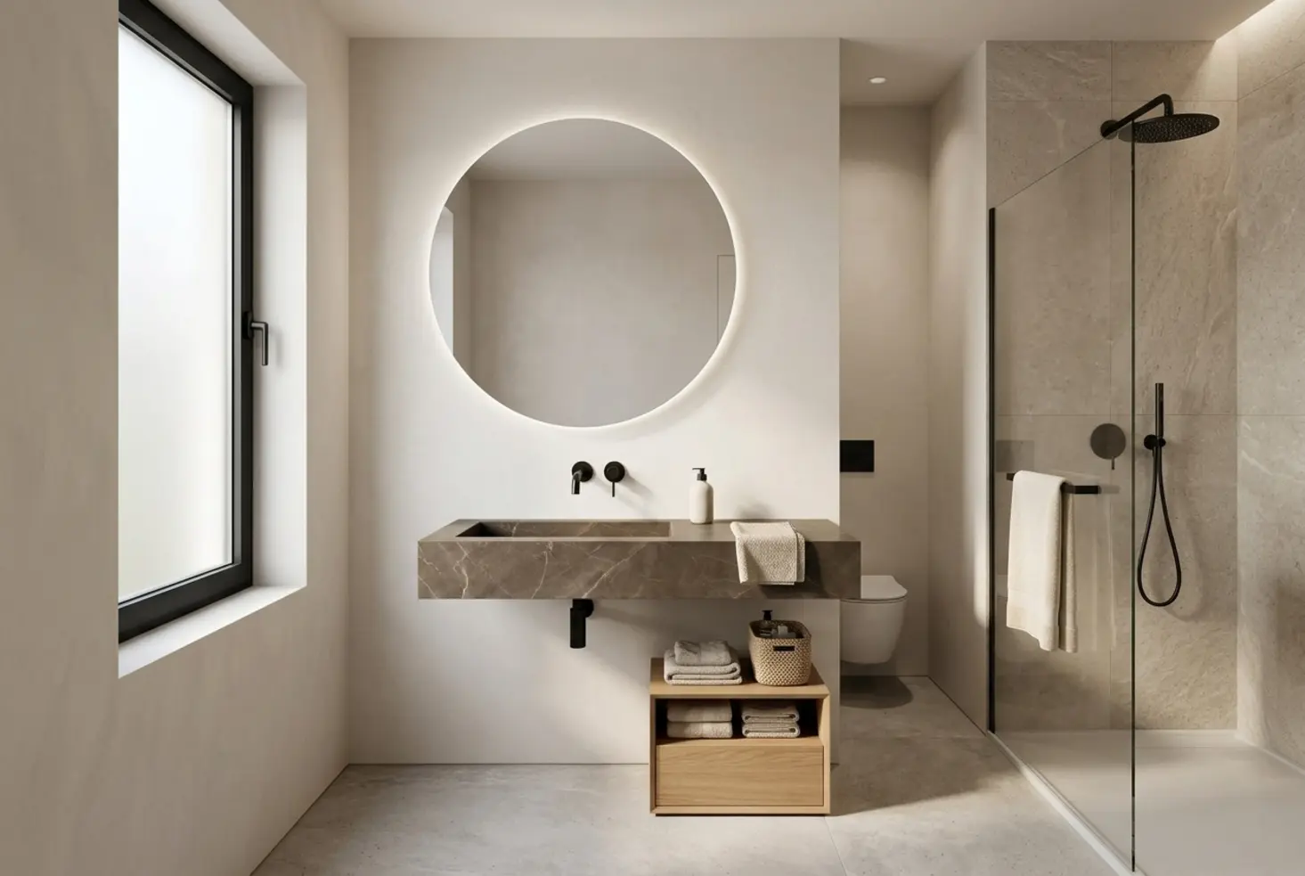 Lavamanos pequeño suspendido de piedra natural en un baño moderno minimalista