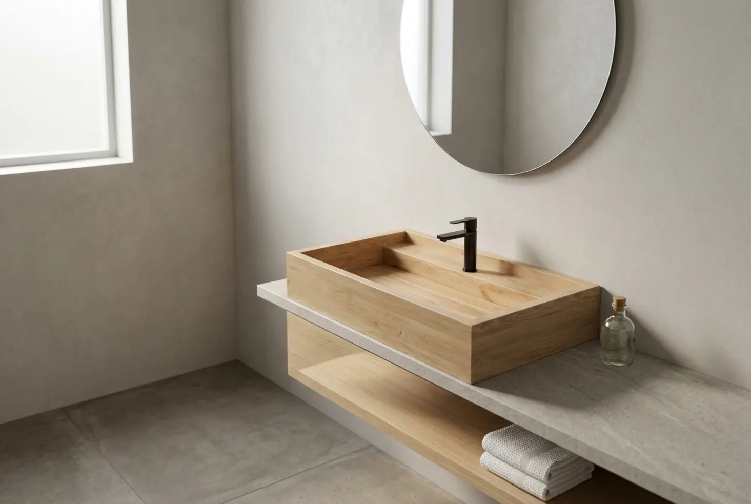 Lavamanos pequeños de madera natural sobre estante de piedra en baño minimalista