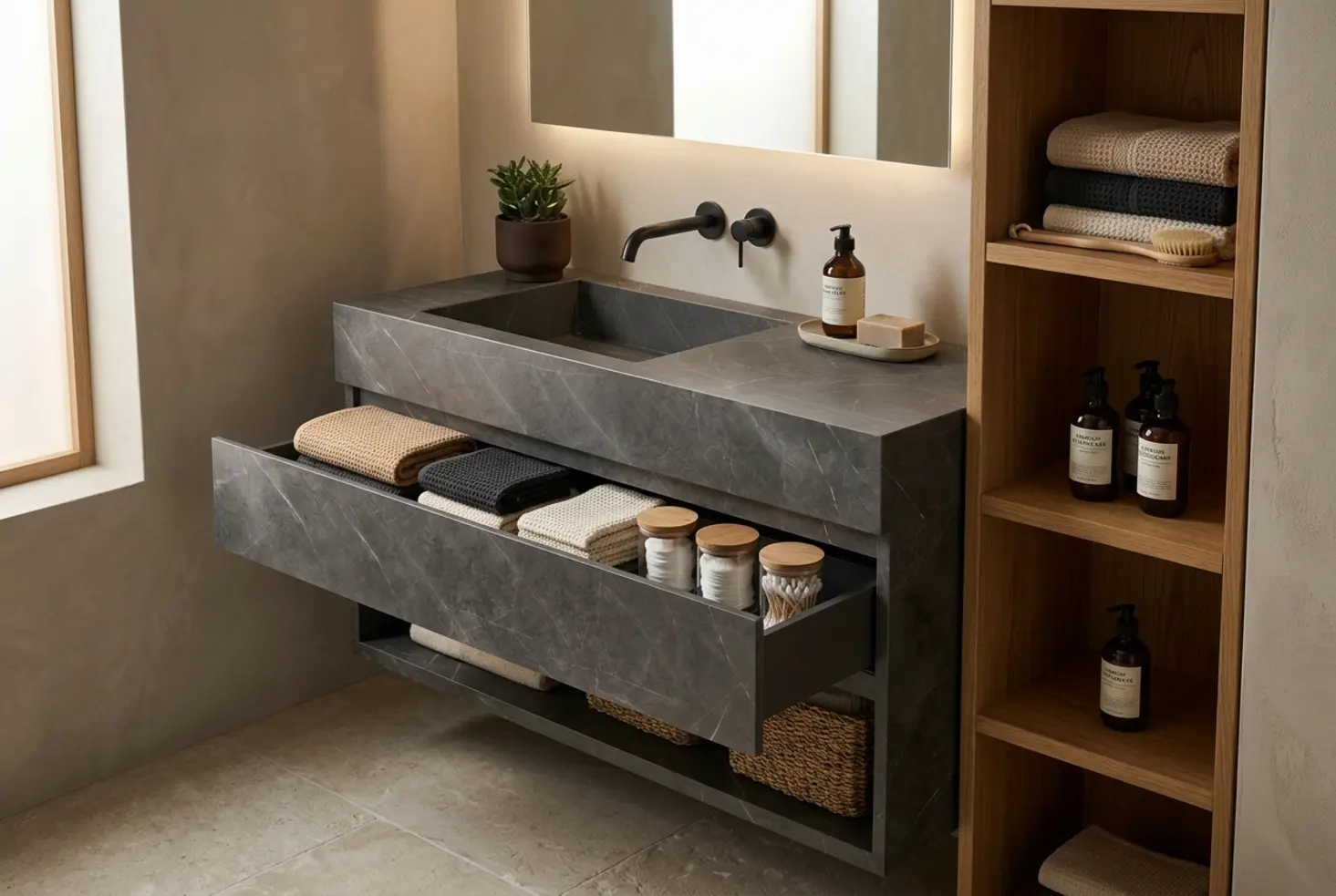 Mueble bajo lavabo en baño contemporáneo con acabados cálidos y ambiente premium