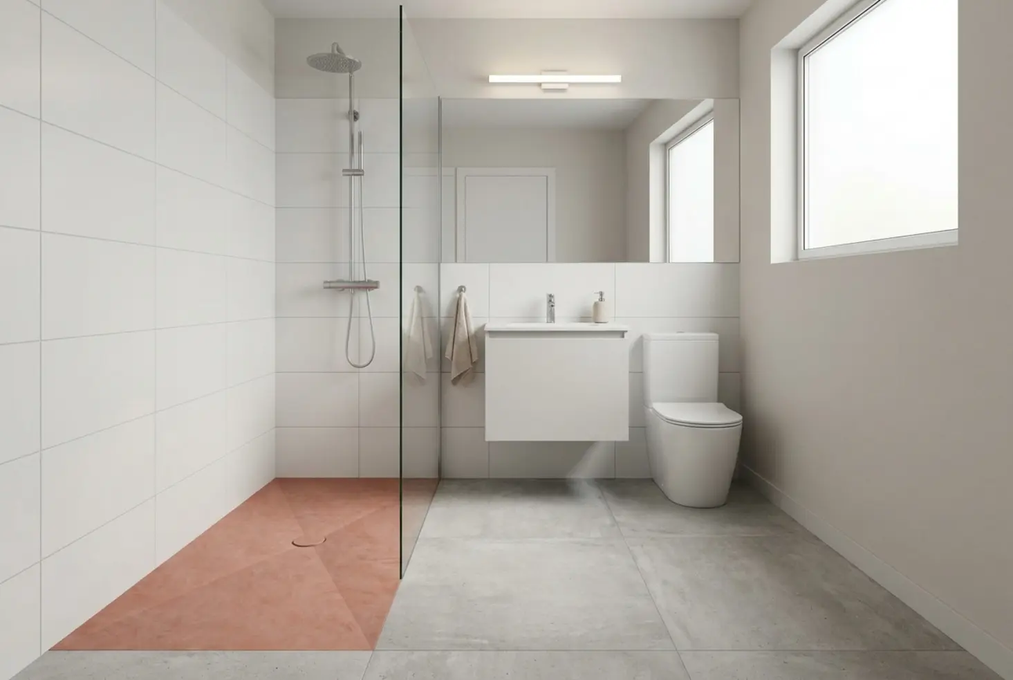 Plato de ducha en un baño pequeño con solución funcional y elegante