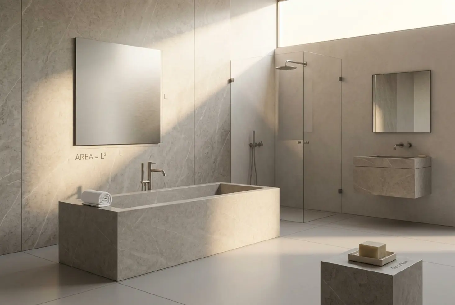 Baño terminado con composición cuadrada y aspecto equilibrado para explicar fórmulas geométricas