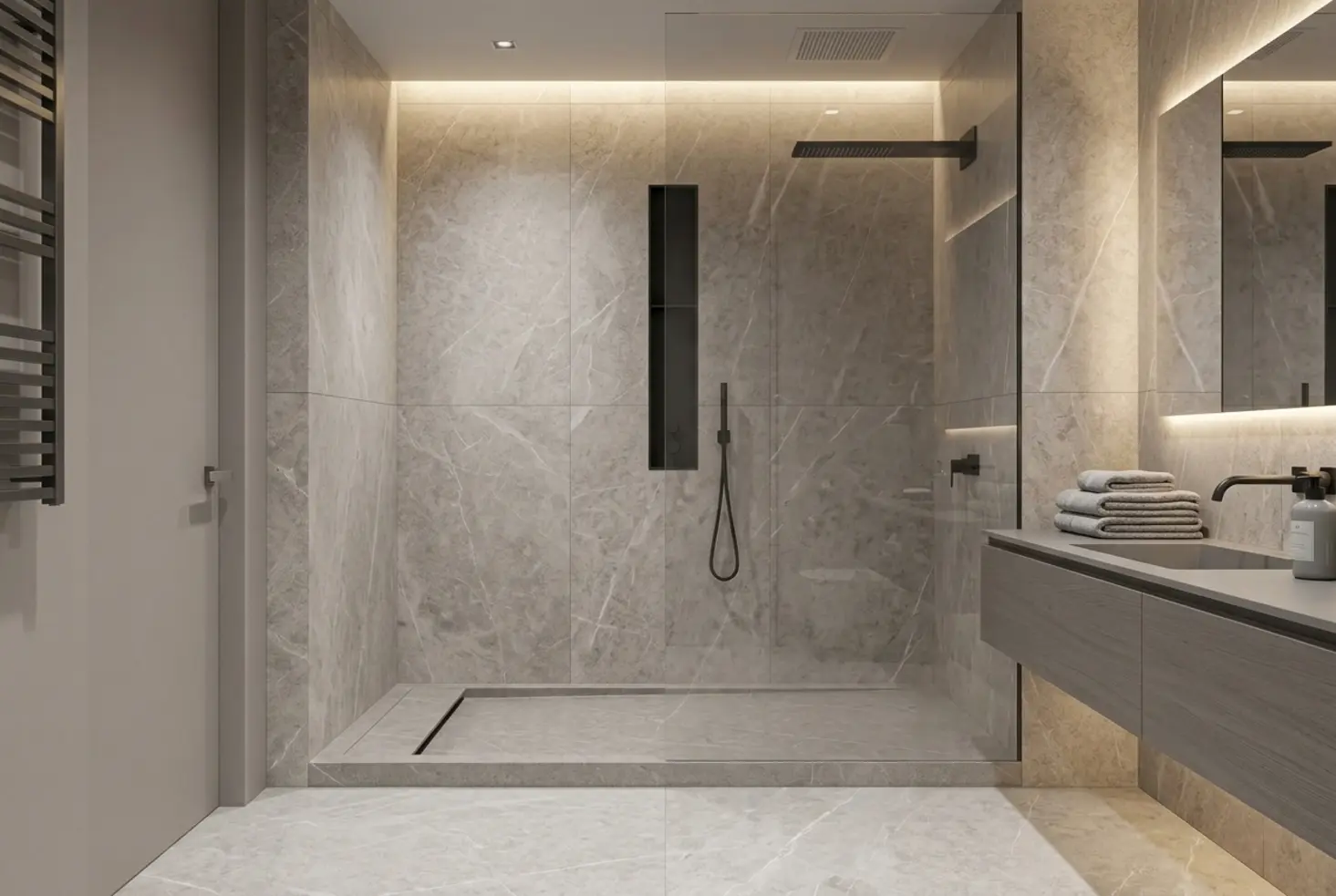Baño moderno con un producto integrado en una composición fotorealista