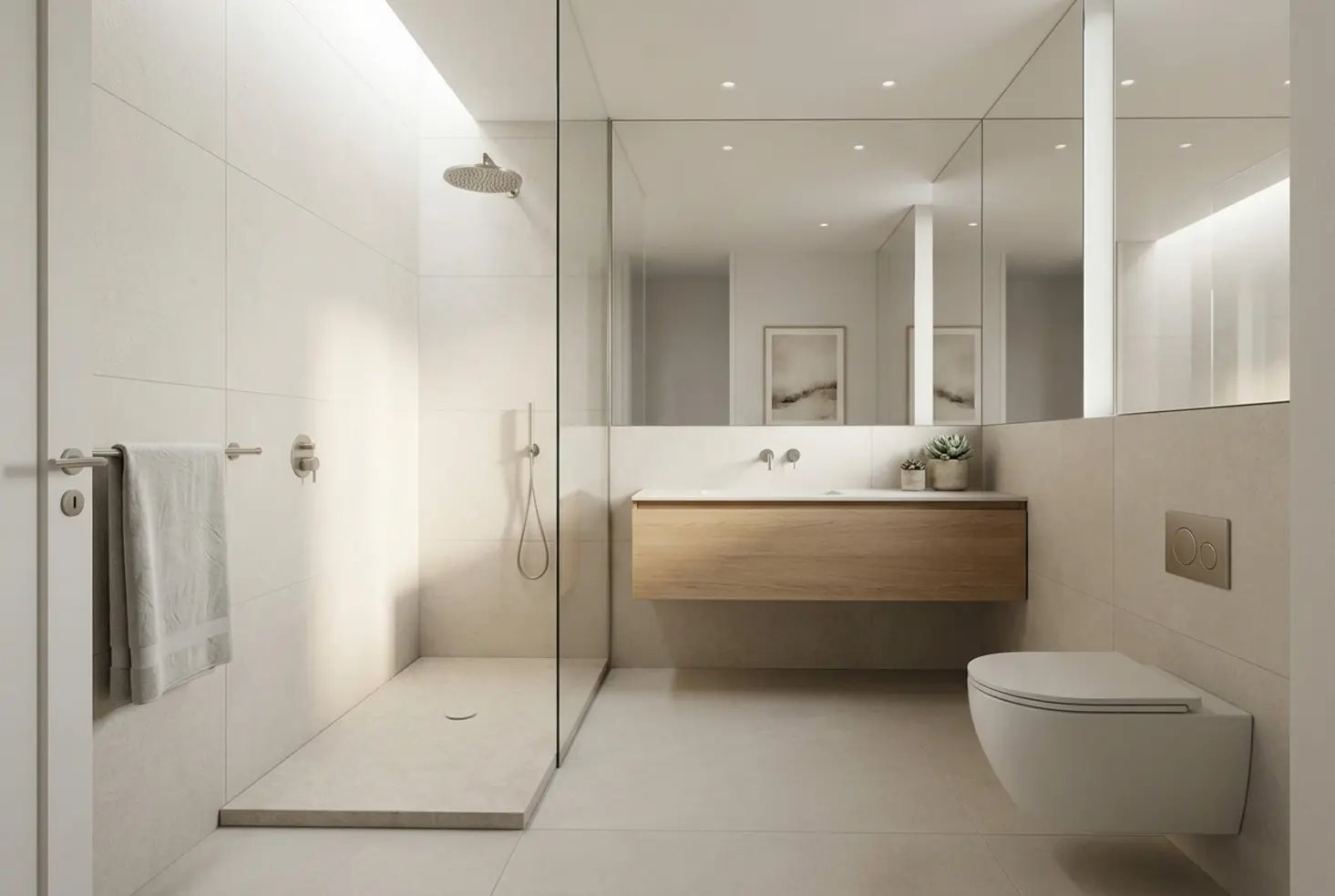 Baño pequeño moderno con ducha a ras de suelo y mueble de madera flotante