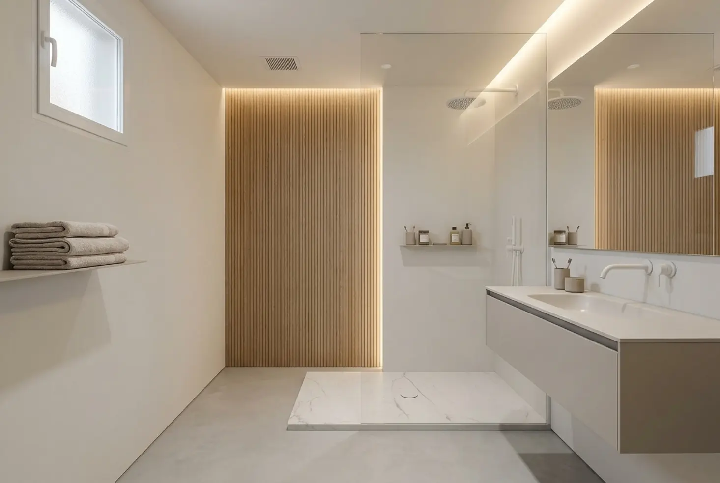 Baño pequeño moderno con ducha protagonista y acabado visualmente amplio