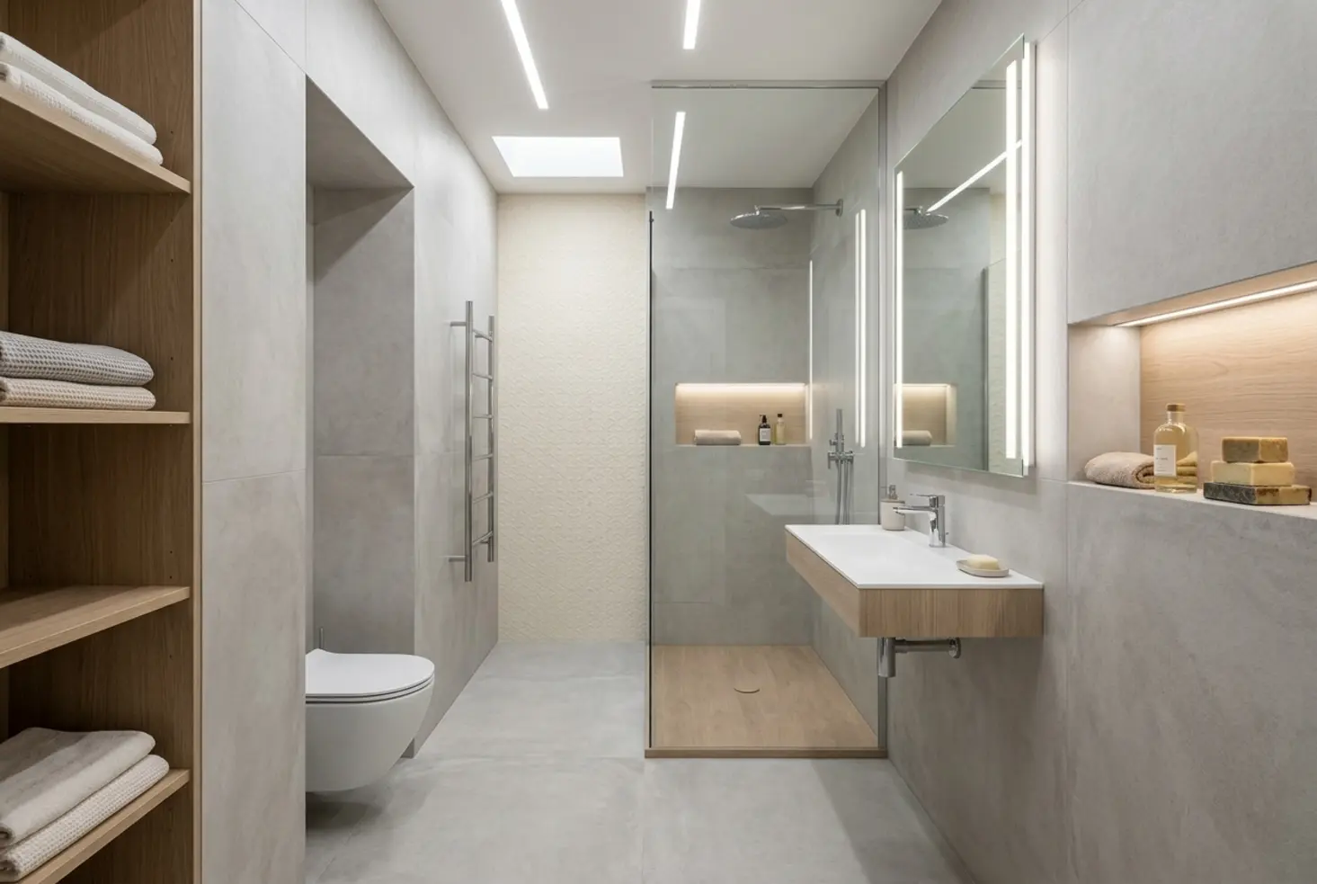 Baño compacto y alargado con una ducha bien integrada y almacenamiento inteligente