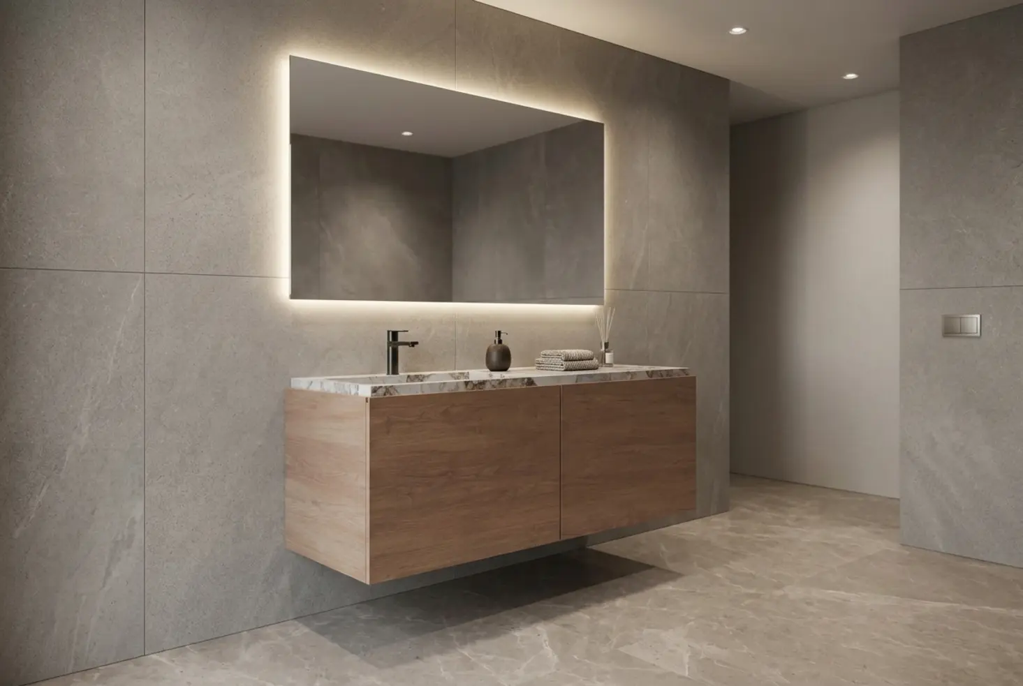 Encimera de baño de alta gama en un baño minimalista y elegante