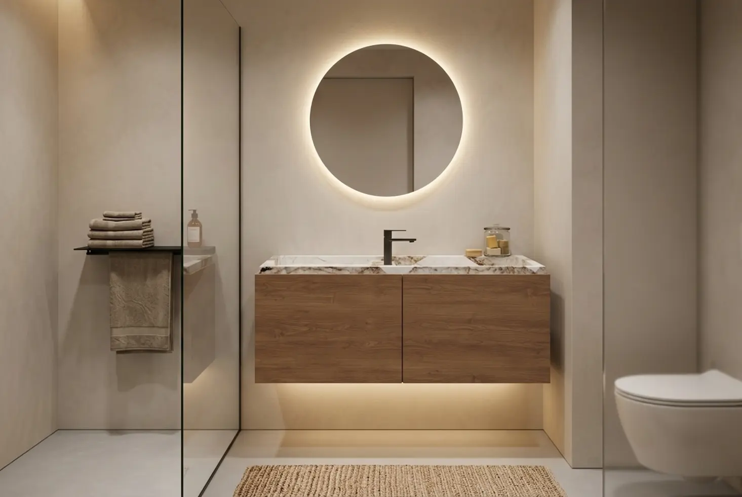 Encimera de baño integrada en un baño contemporáneo con estética limpia