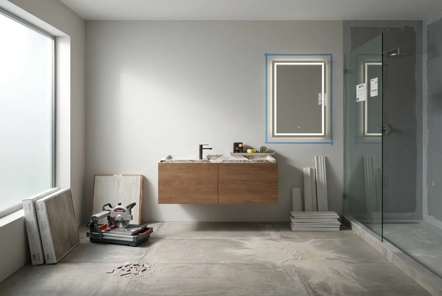 Encimera de baño con mueble suspendido de madera y espejo retroiluminado en un baño en obra