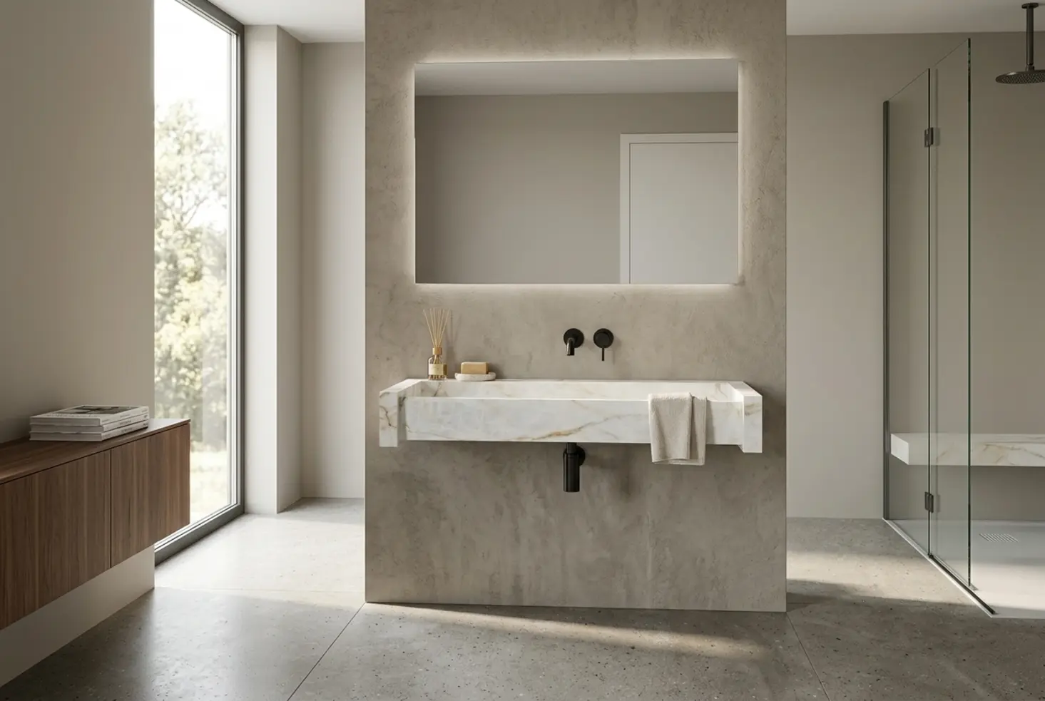 Lavabo de mármol suspendido de diseño minimalista con grifería negra y espejo retroiluminado