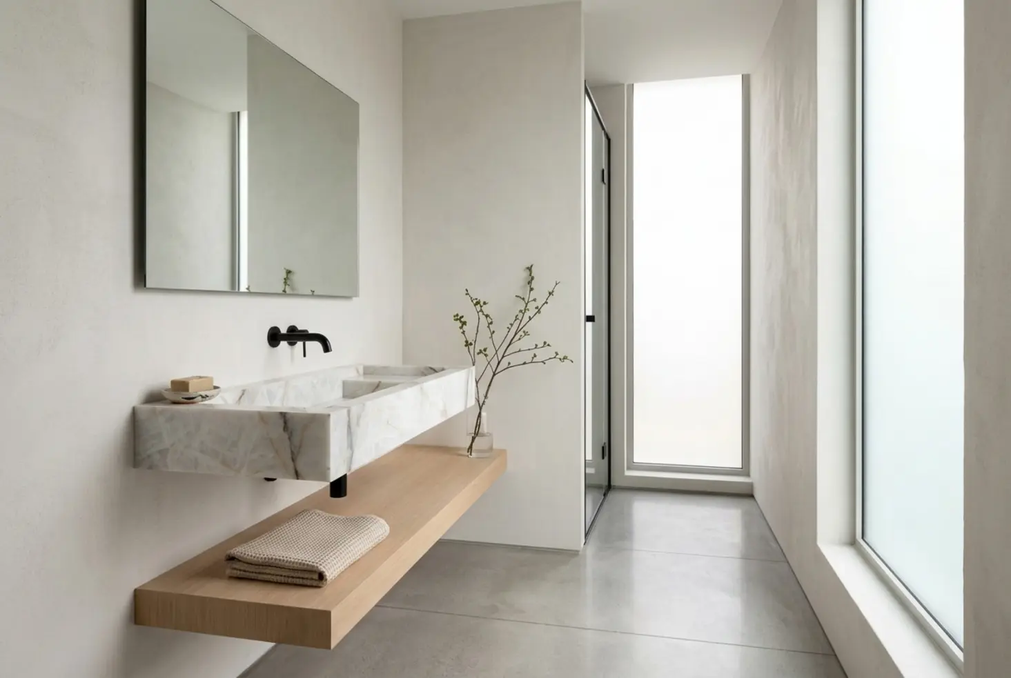 Lavabo pequeño de mármol con diseño flotante y balda de madera en baño moderno