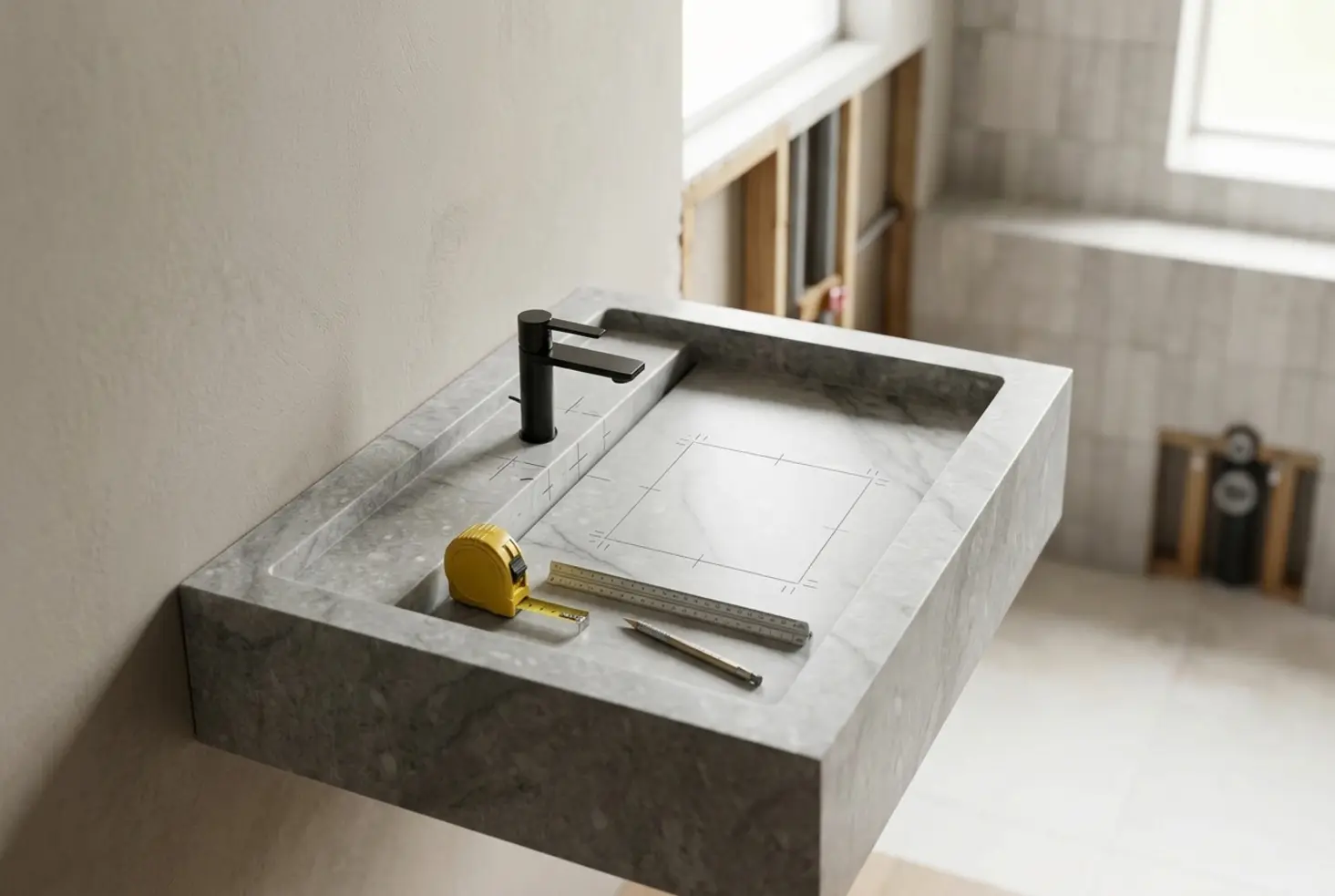 Lavabo de piedra natural con marcas de diseño cuadrado y herramientas de medición encima