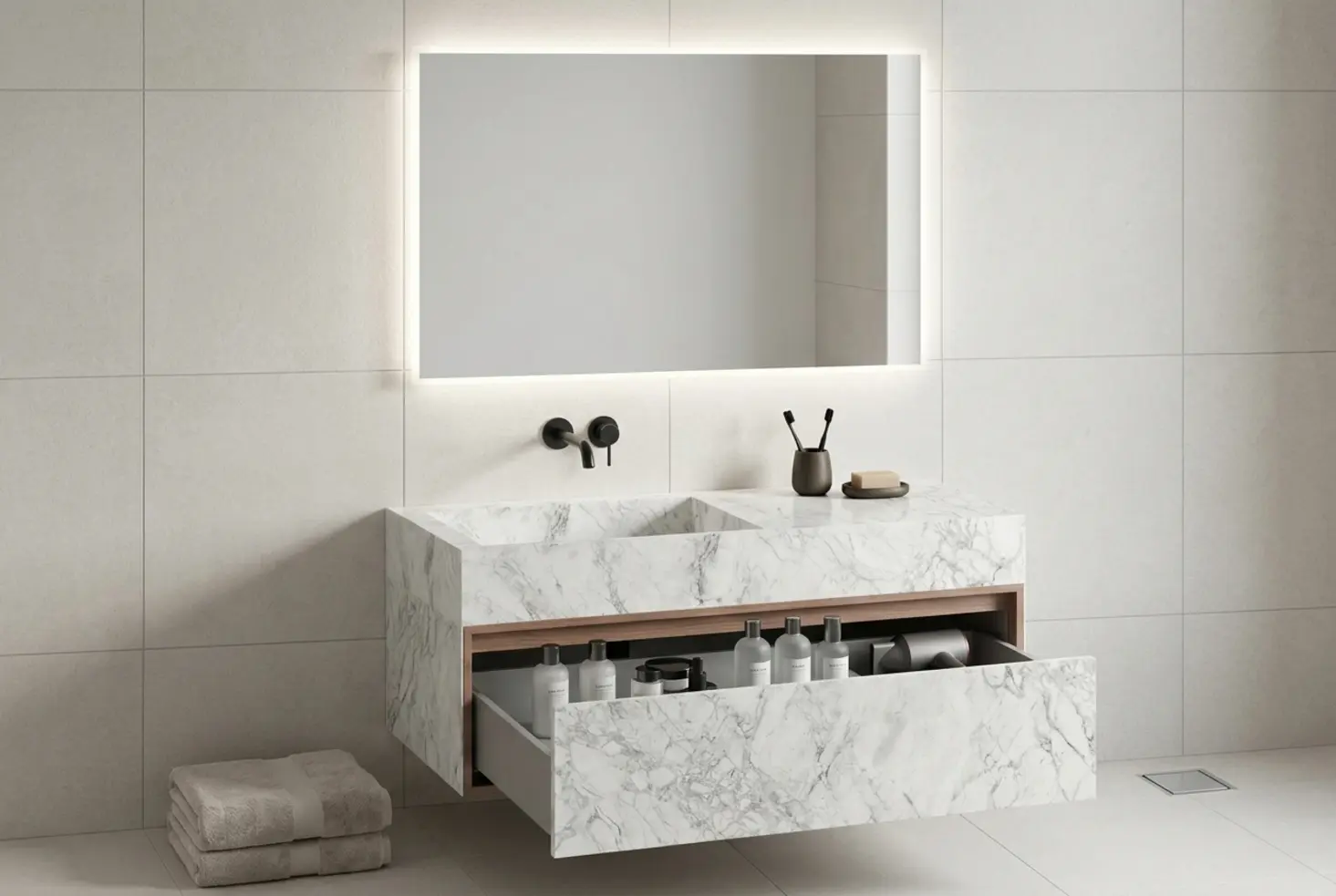 Mueble con lavabo integrado en un baño funcional y bien planificado