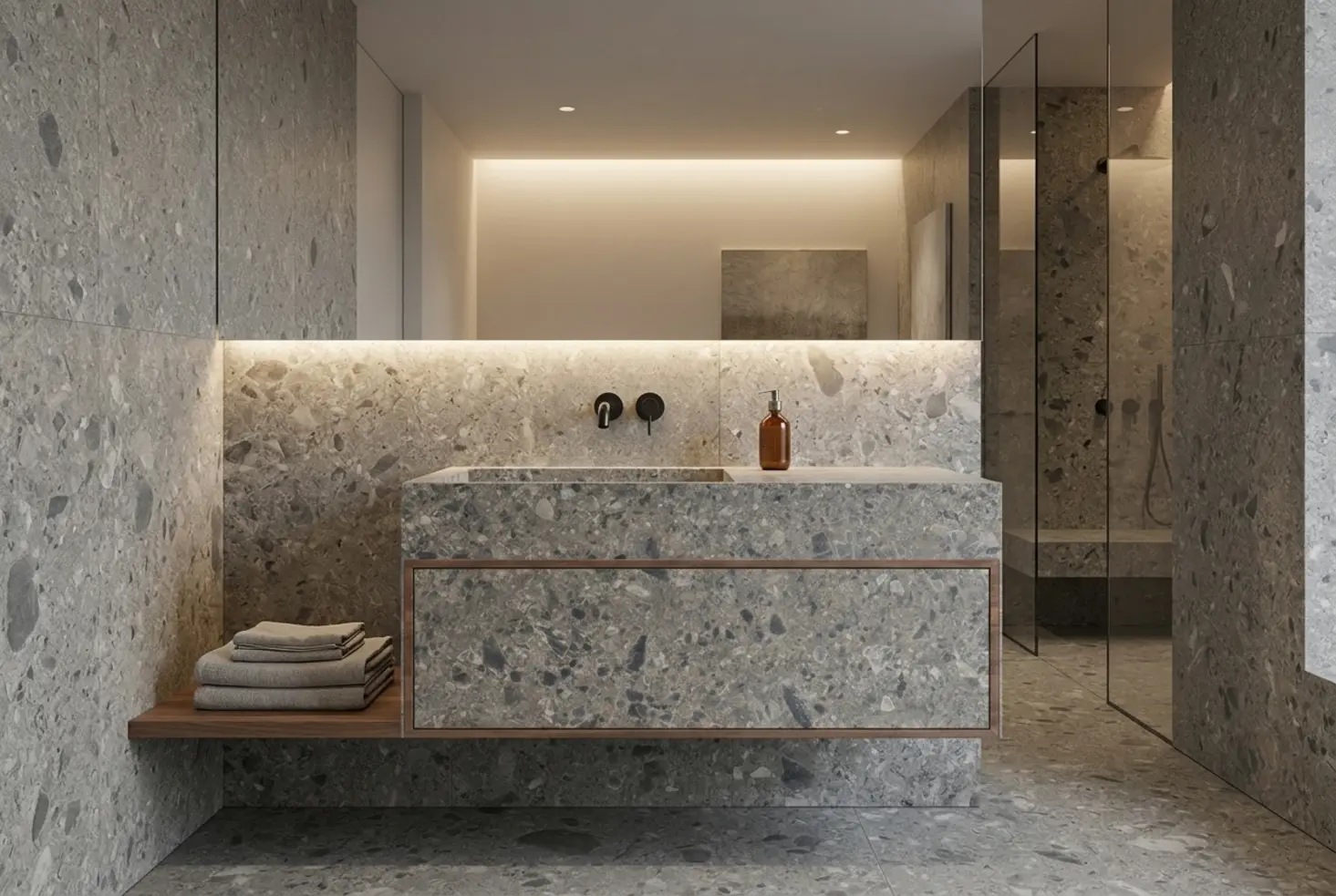 Mueble con lavabo en un baño elegante y coordinado con el resto de materiales