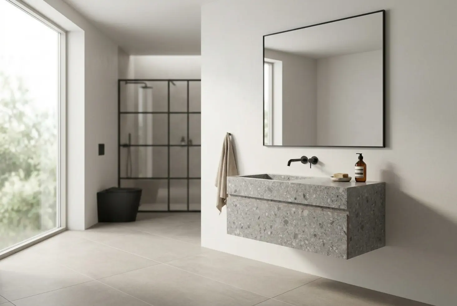 Mueble con lavabo integrado de diseño moderno en acabado terrazo gris