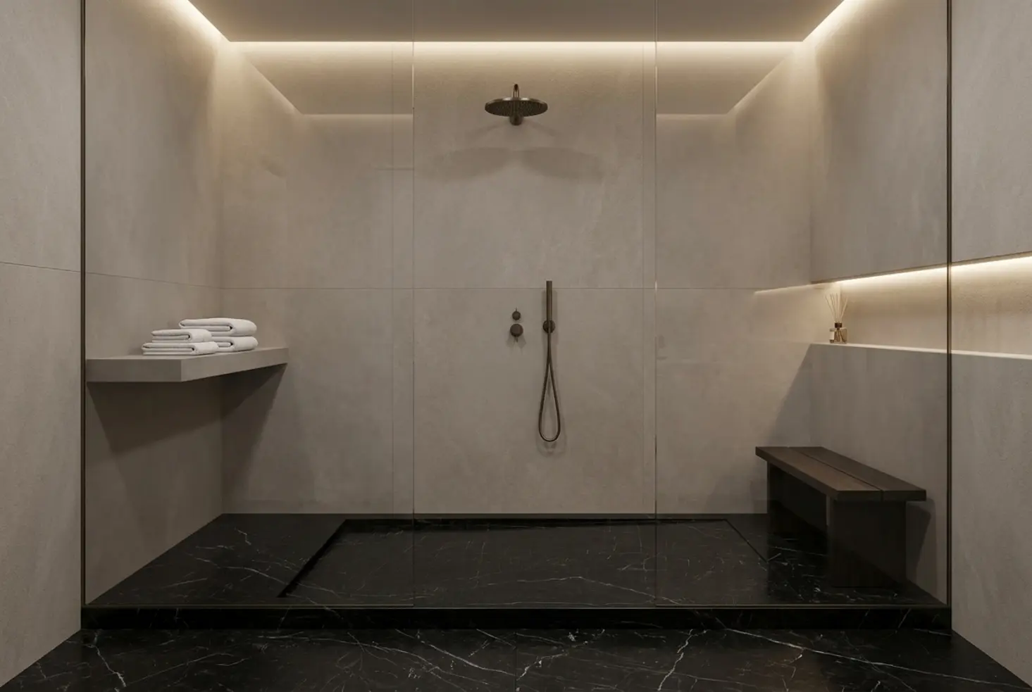 Baño de estilo spa con ducha de obra elegante y acabado continuo