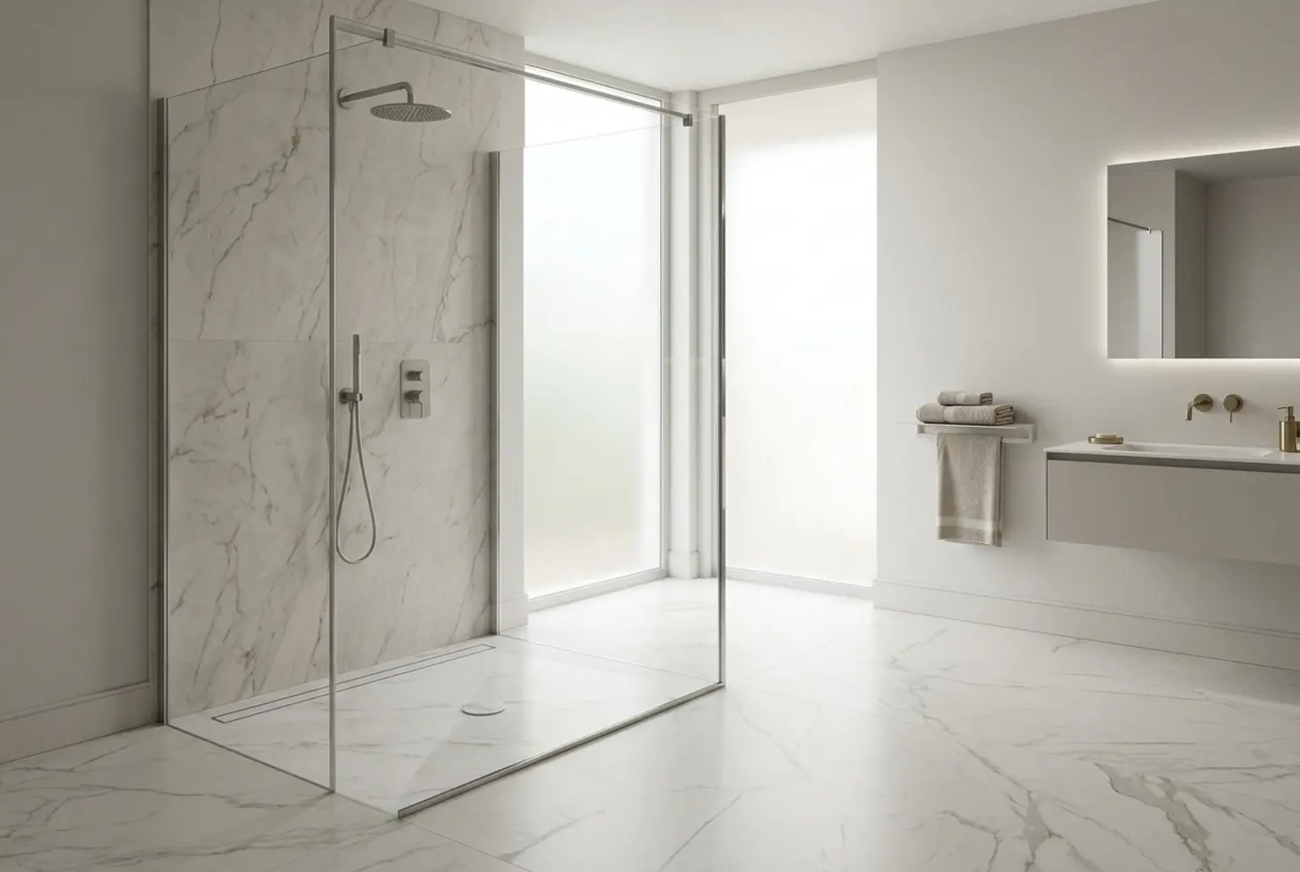 Cuarto de baño moderno con platos de ducha de obra a ras de suelo y acabado de mármol