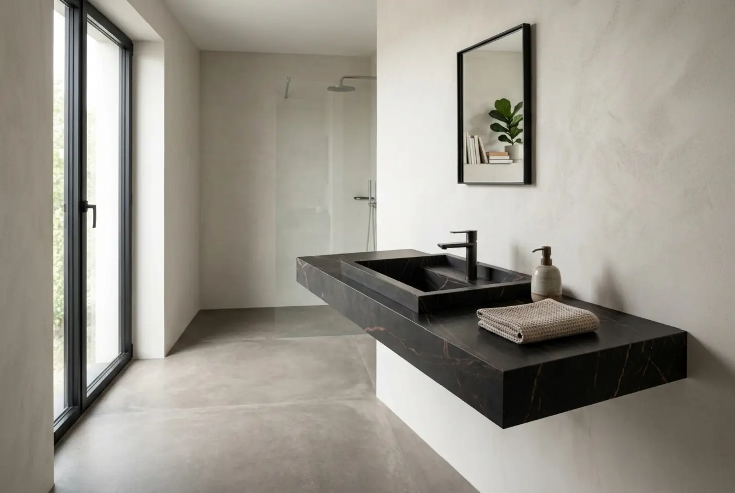 Diseño de reforma de baño minimalista con mueble de lavabo volado en piedra negra y ducha a ras de suelo