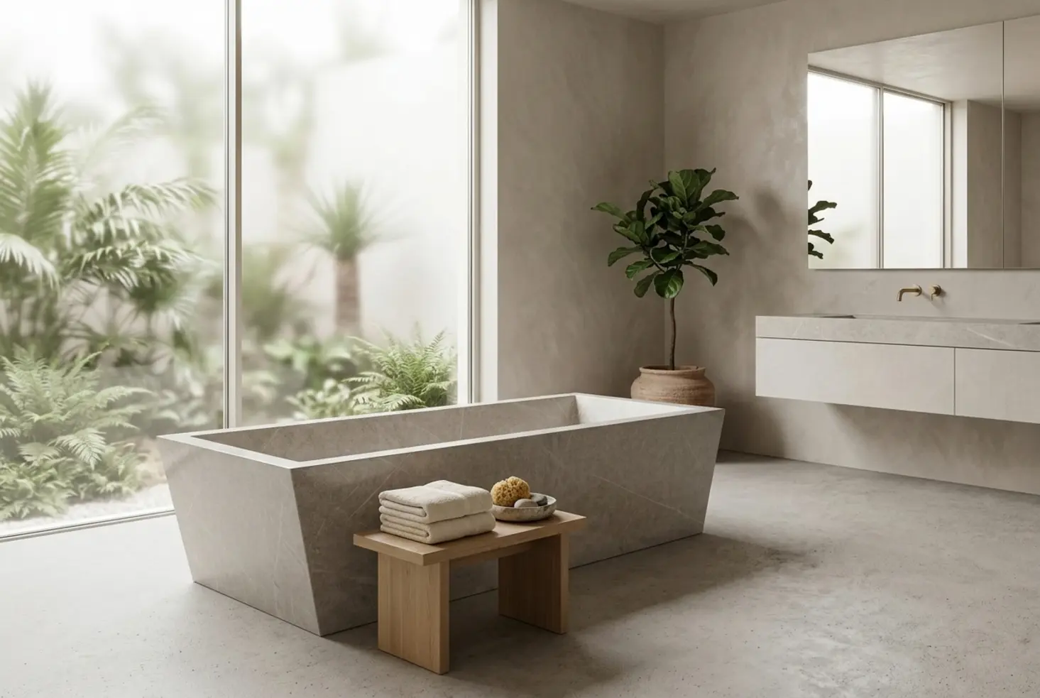 Baño estilo spa con ambiente relajante y acabados elegantes