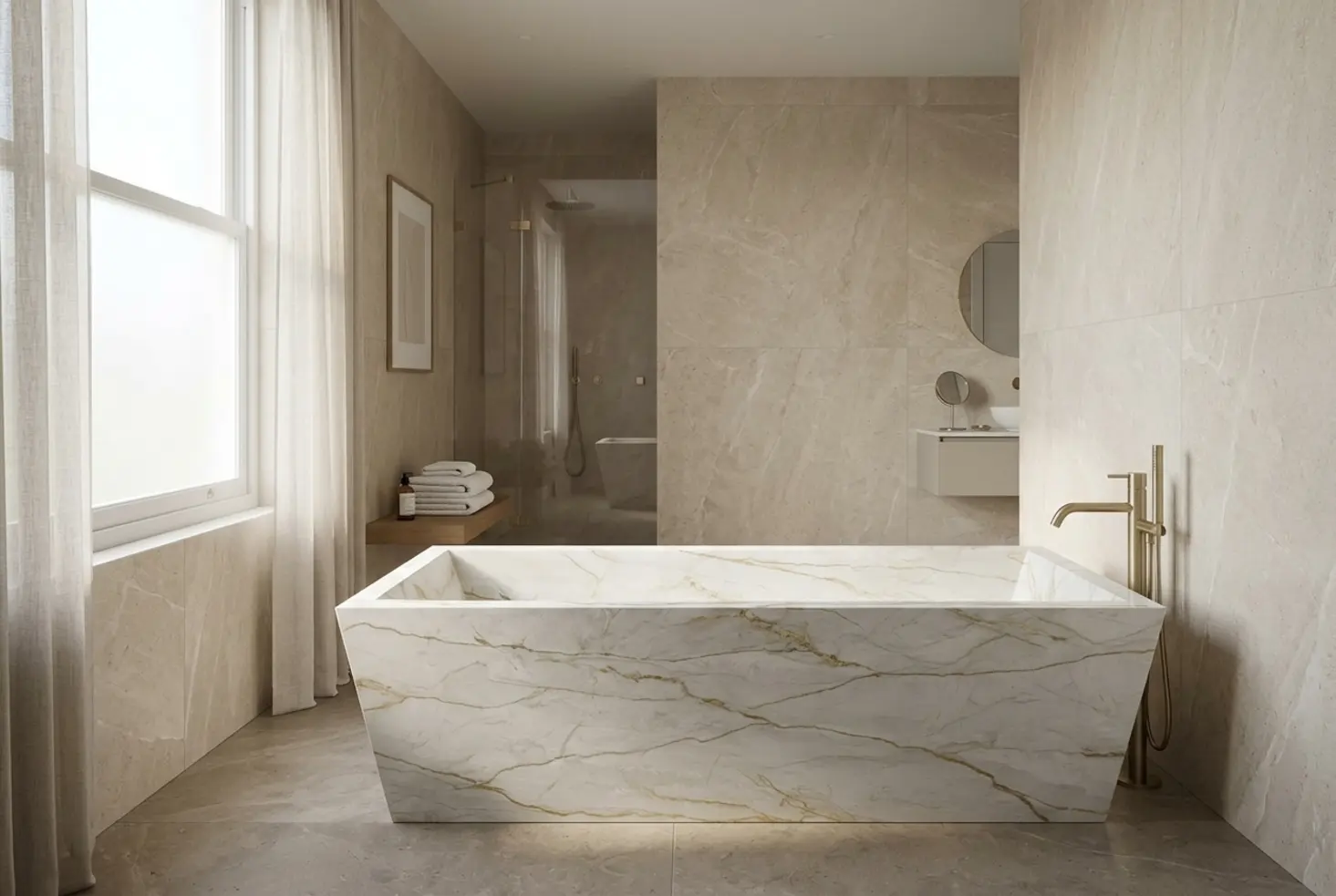 Cuarto de baño moderno con bañera exenta de mármol y zona de ducha con mampara de bañera de cristal