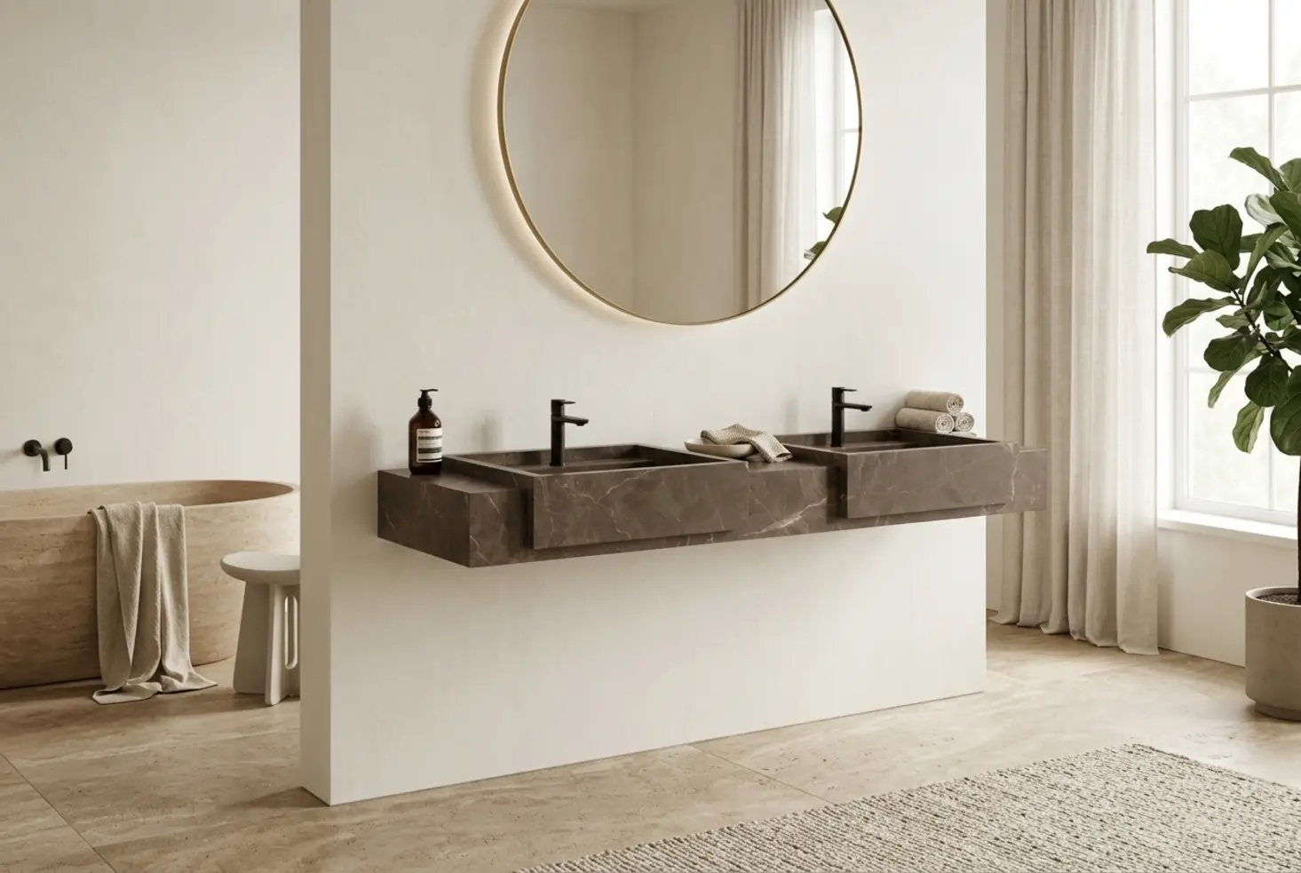 Cuarto de baño moderno con lavabo de doble seno en mármol marrón y bañera de piedra