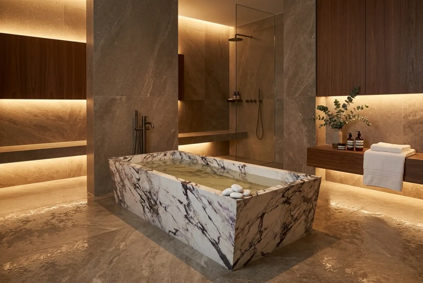 Baño elegante con ambiente relajante y materiales atemporales