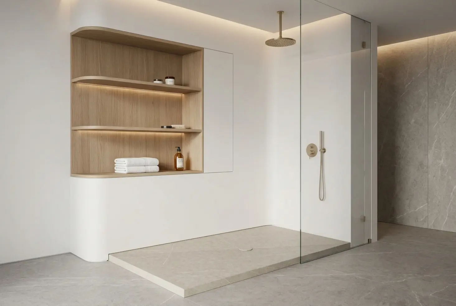 Zona de baño moderna con acabado continuo y aspecto higiénico